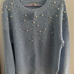 LOFT Blue Ribbed Sweater with Pearl Embellishments
